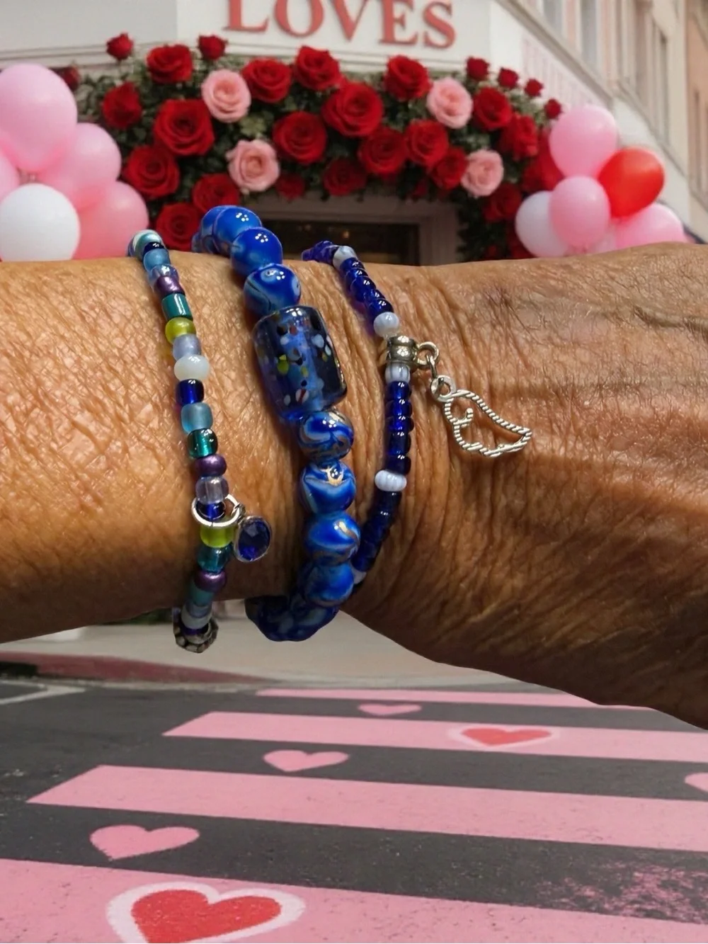 Hand Crafted Blue Glass Bead Trio Bracelet Set with Silver Wing Charm